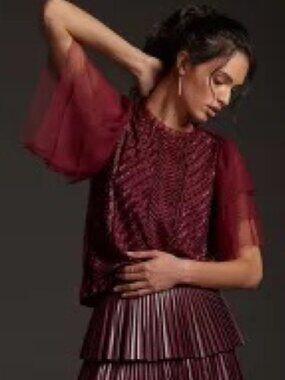 Anthropologie Let Me Be Sequined Top in Wine Bordeaux